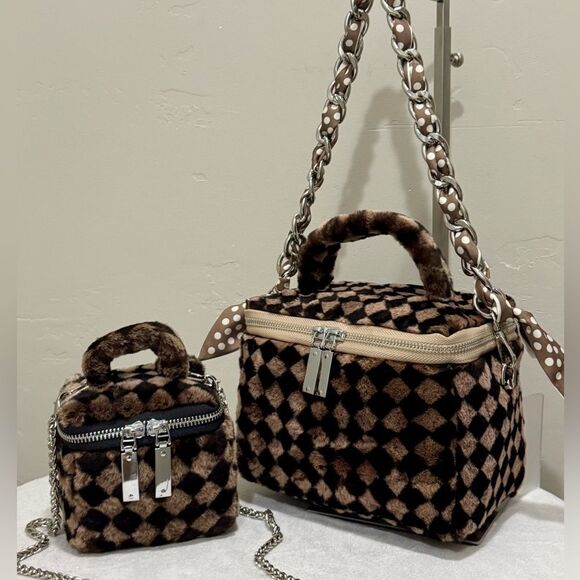 Checkerboard Real Shearling Leather Handmade Boxy Bag Set/Lamb Fur Crossbody Bag - Picture 3 of 16